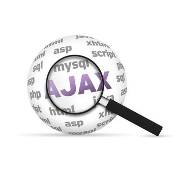Ajax 3d Word Sphere with magnifying glass on white background.