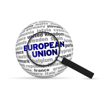 European Union 3d Sphere with magnifying glass on white background.