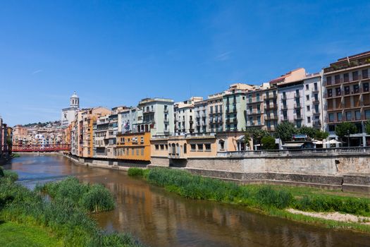 View from the river bridge in Girona old town in Spain