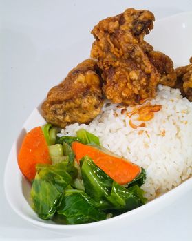 Chicken with rice and vegetables in background