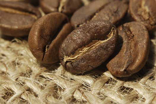 Closeup of coffee beans on canvas. Coffee bean on macro ground canvas background. Arabic roasting coffee - ingredient of hot beverage.