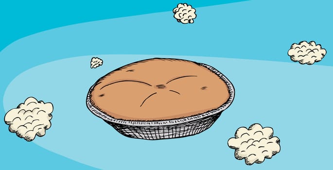 Cartoon of a baked pie in the sky with clouds