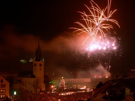           New year celebration with fireworks in the centre of town 