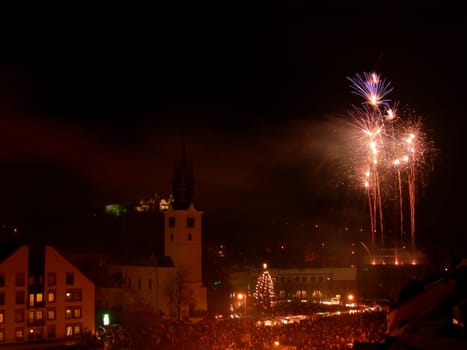            New year celebration with fireworks in the centre of town   