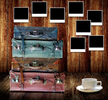 Good memories concept, Vintage travel luggage with hot coffee cup