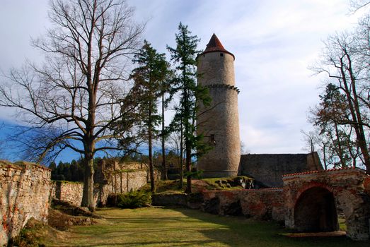 Medieval castle Zvikov in the Czech Republic with round tower and river 