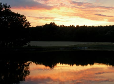                     Sun is setting behind forest and is mirroring in the lake