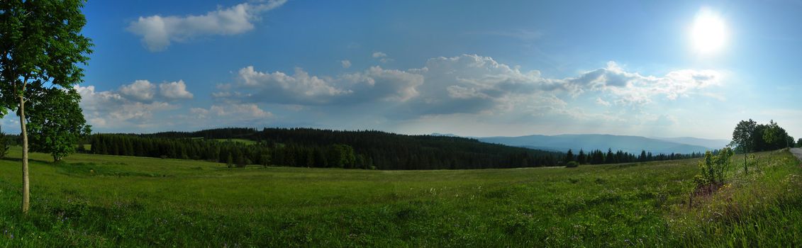 Nice landscape with forest, sun, hills and meadows