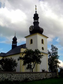 Traditional Czech baroque church located in the country. With dramatic sky
