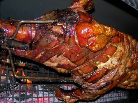           Barbecue with young pig on a grill with wooden coal 