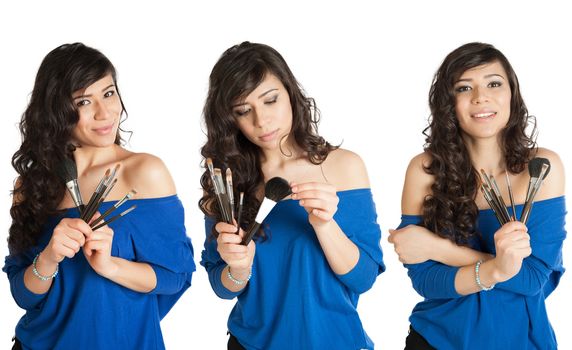 Collage of a woman with makeup brushes
