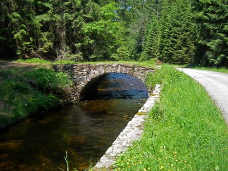    Brook in the deep forest with a road and stone bridge  