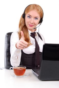 Help-line woman assistant with headset and thumb up, isolated on white