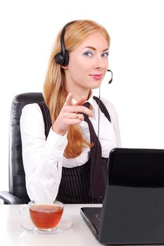 Help line assistant with headset pointing at you, isolated on white
