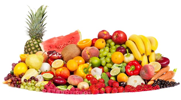 Huge group of fresh vegetables and fruits isolated on a white background. Shot in a studio