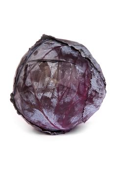 A head of red cabbage with the outer leaves removed, isolated on white
