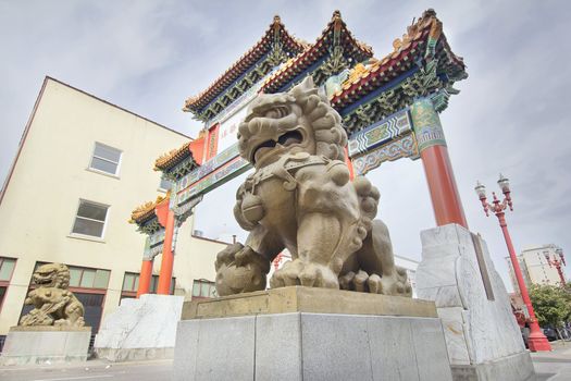 Chinese Foo Dogs Prosperity Statues at Portland Oregon Chinatown Gate Entrance