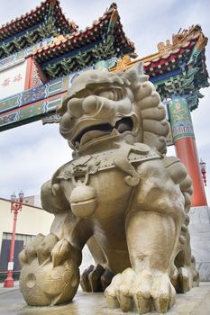 Chinese Male Foo Dog Prosperity Lion Statue at Chinatown Gate in Portland Oregon