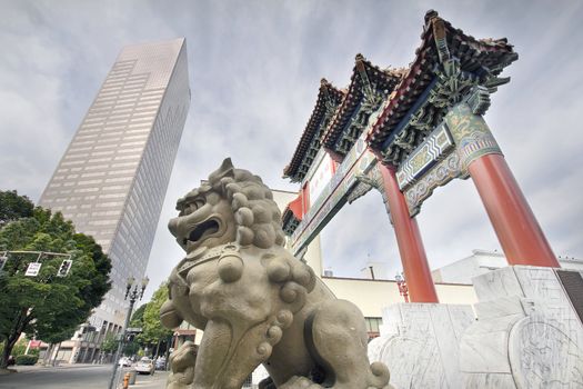 Chinese Foo Dog at Chinatown Gate Entrance in Downtown Portland Oregon