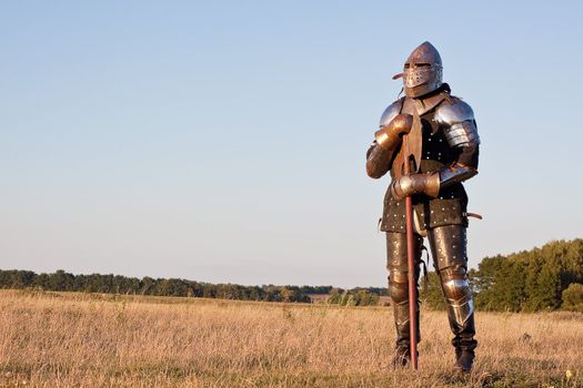 Medieval knight in the field with an axe