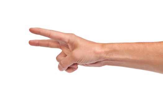 Hand with two fingers up in the peace or victory symbol. Also the sign for the letter V in sign language. Isolated on white.