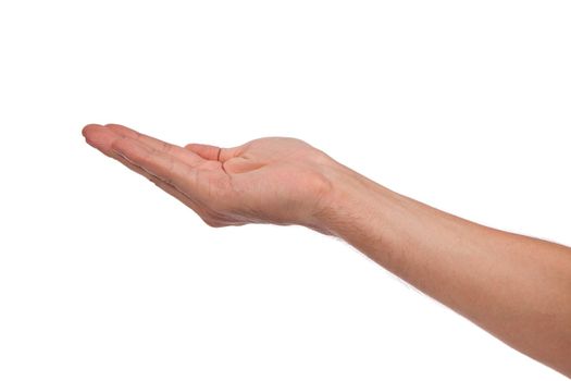 Open palm hand gesture of male hand. Isolated on a white background.