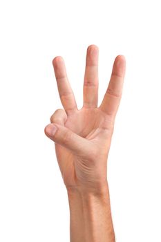 Male hand is showing three fingers isolated on white background