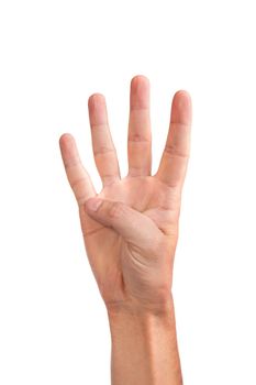 Male hand gesture number four closeup isolated on a white background