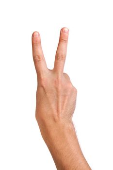 Hand with two fingers up in the peace or victory symbol. Also the sign for the letter V in sign language. Isolated on white.