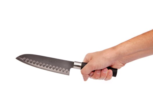 Hand is holding a kitchen kinfe isolated on a white background