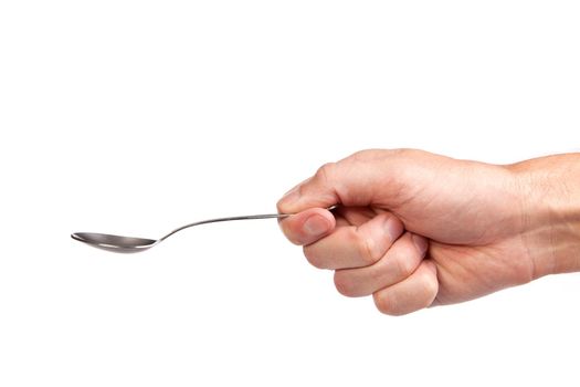 Hand is holding a spoon isolated on a white background