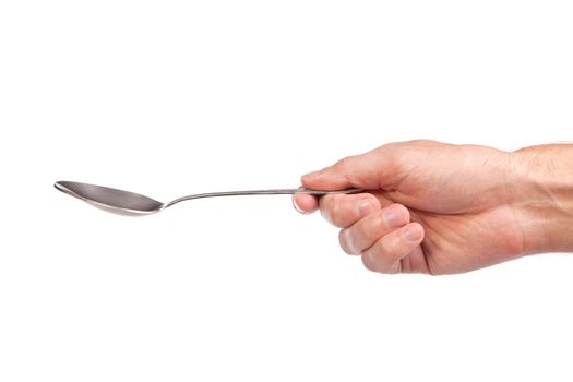 Hand is holding a spoon isolated on a white background