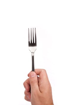 Right mans hand with empty metallic fork isolated on white background