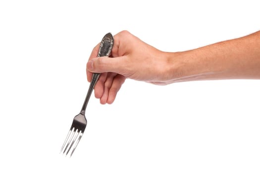 Right mans hand with empty metallic fork isolated on white background