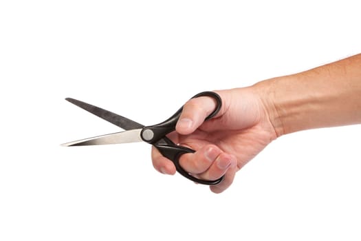 Hand is holding scissors isolated on a white background