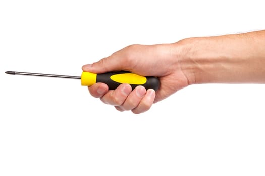 Hand holding a yellow and black screwdriver isolated over white background