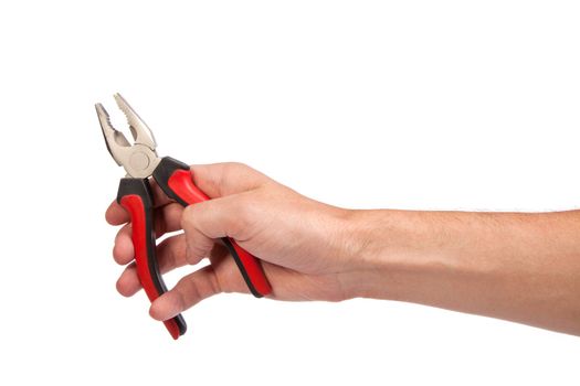 Male hand hold a black and red pliers isolated over white background