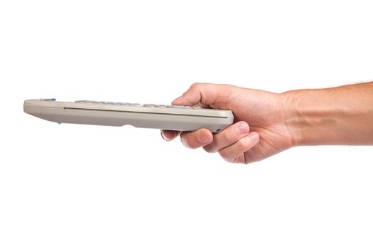 A hand holding a remote control isolated over a white background.