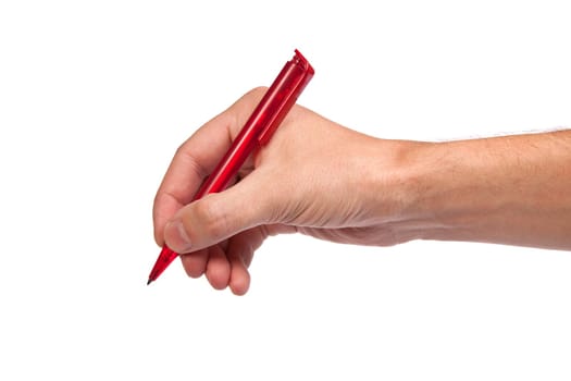 Hand is holding a pen writing on the white background