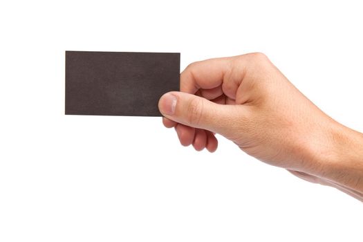 Businessman's hand holding blank paper business card, closeup isolated on white background