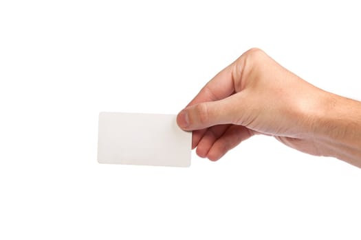 Businessman's hand holding blank paper business card, closeup isolated on white background