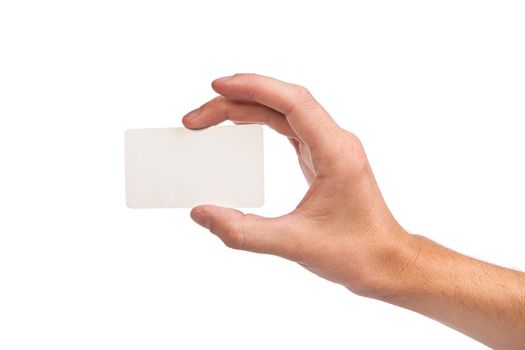 Businessman's hand holding blank paper business card, closeup isolated on white background