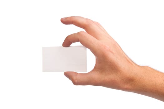 Businessman's hand holding blank paper business card, closeup isolated on white background