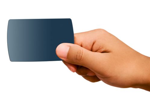 Human hand holding credit card by the corner with isolated white background