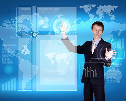 Image of a business person and technology related background