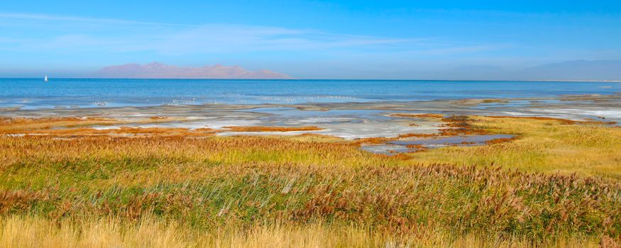 Panoramic landscape at Great Salt Lake State Park in northern Utah.