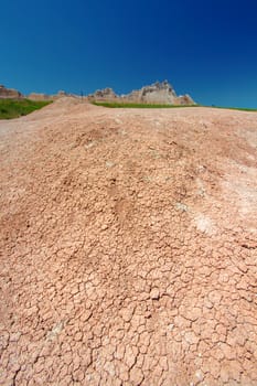 Parched substrate of Badlands National Park on a hot summer day.