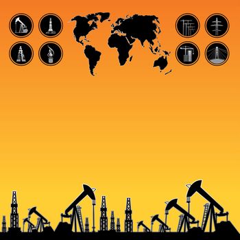 Text field for website over White World Map, Oil rig and oil pump.