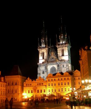          Illuminated Tyn Cathedral in Prague at night