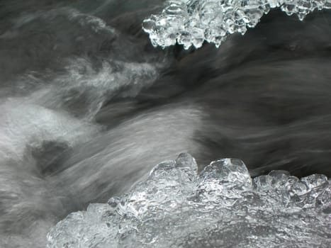        Brook is covered by ice and water flows under them with a small strem                  